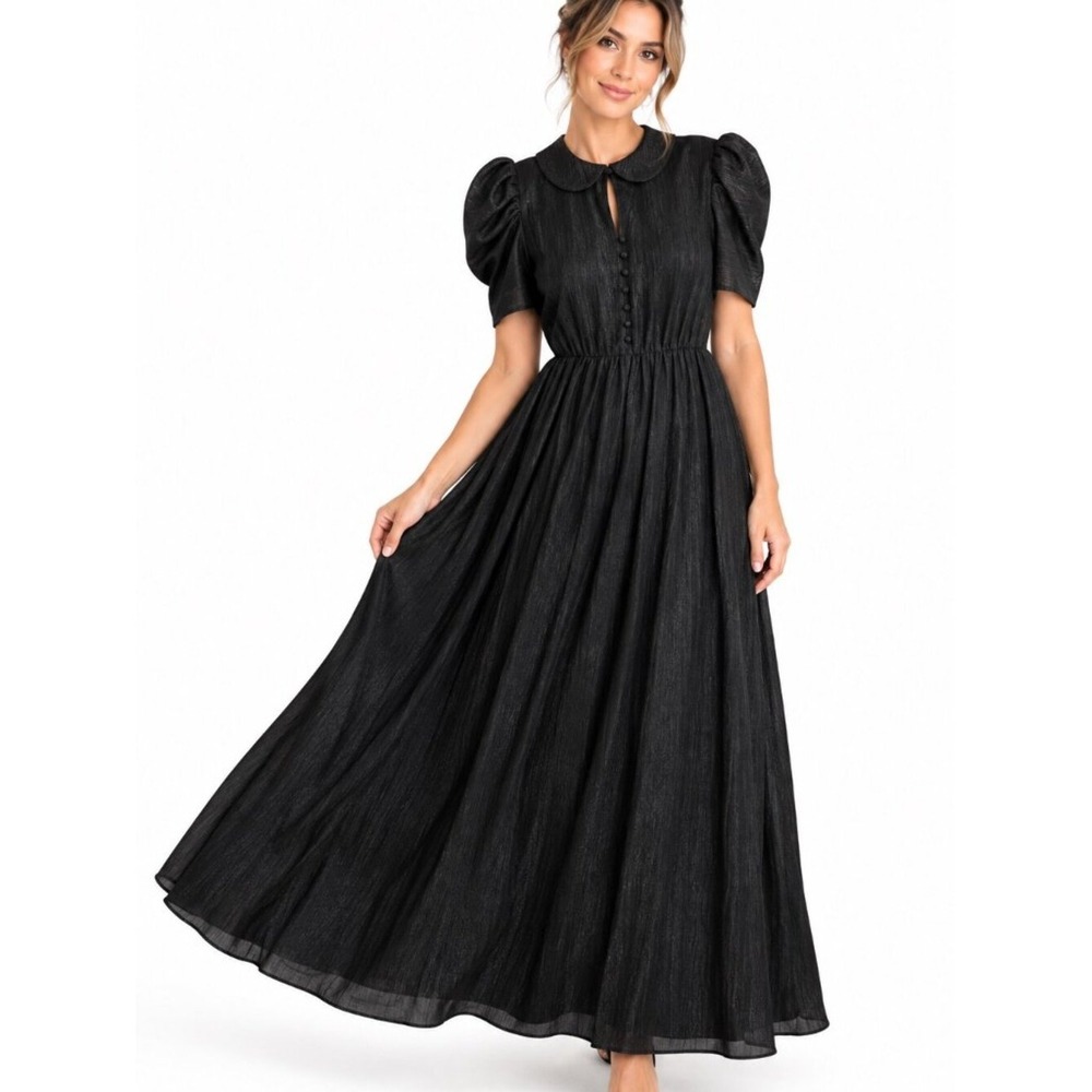 Girl Meets Glam Women's Size 4 Black Maxi Dress Peter Pan Collar Puff Sleeve